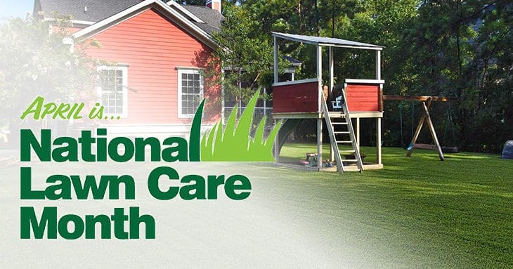 National Lawn Care Month - Red house with lawn and play yard