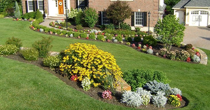 Front yard with beautiful lawn and flowers